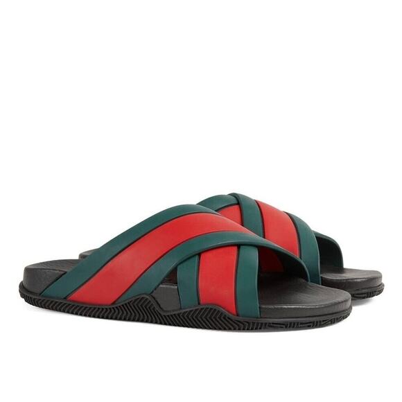 Gucci Agrado 37/ US 7 Rubber Web Slide Sandal Black Green Red Crisscross NIB - Picture 1 of 7